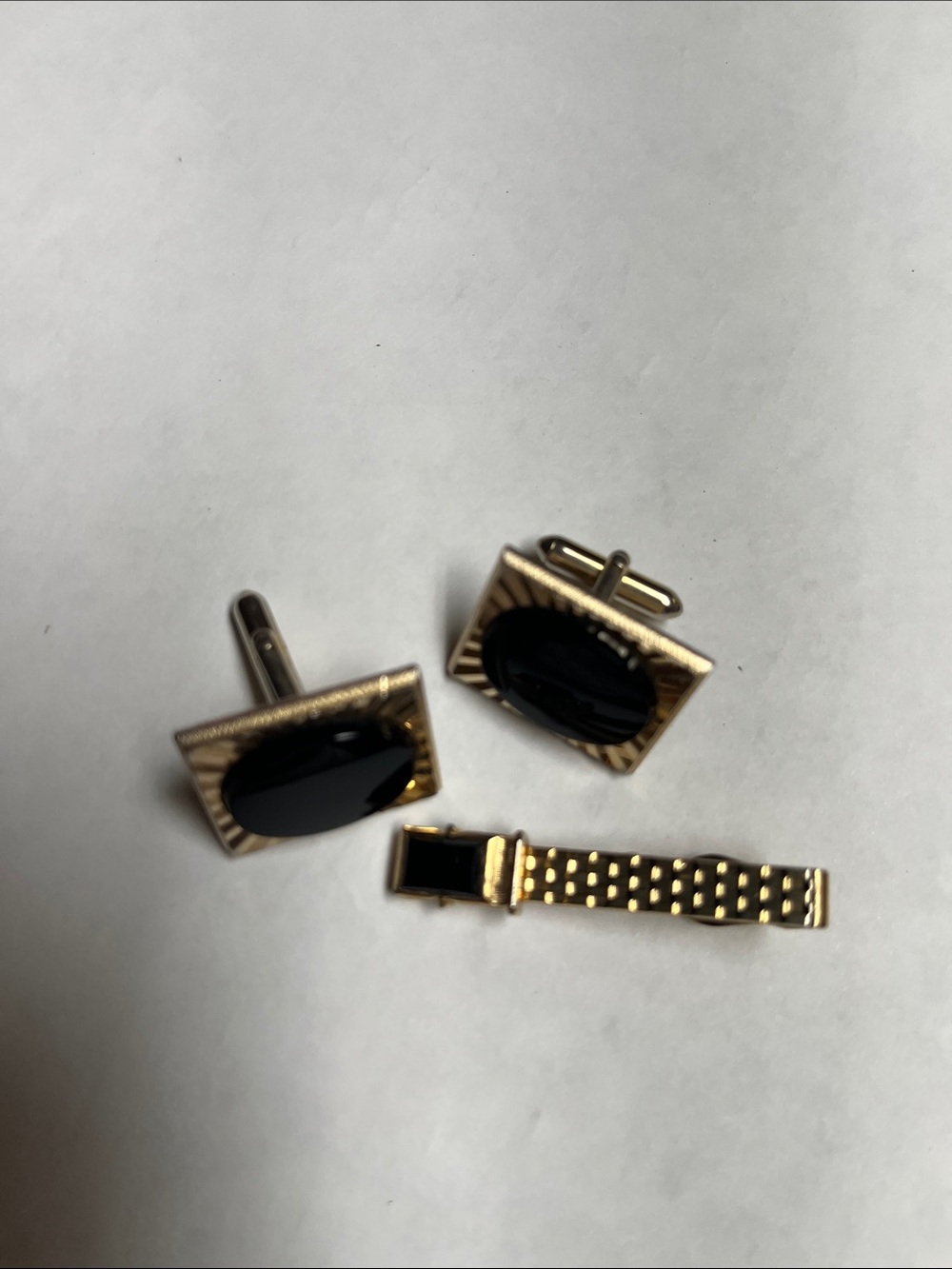 Gold-Tone Black Stone Cufflinks and Tie Clip Set